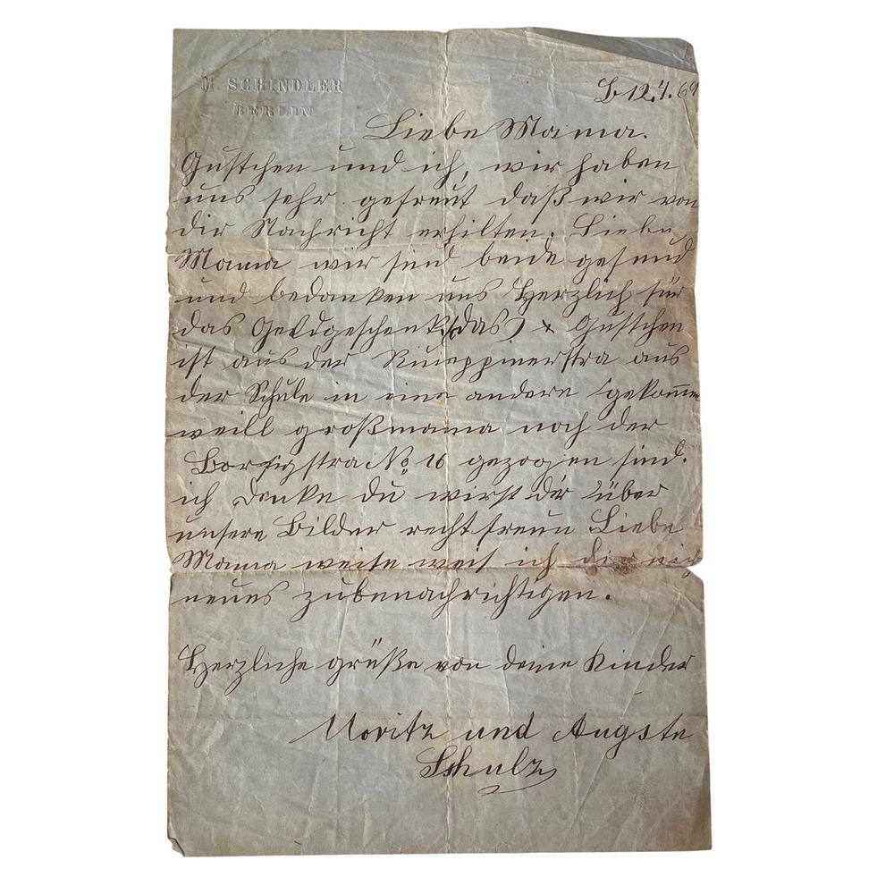 Antique 1869 German Handwritten Letter M. Schindler Berlin Letterhead Ephemera